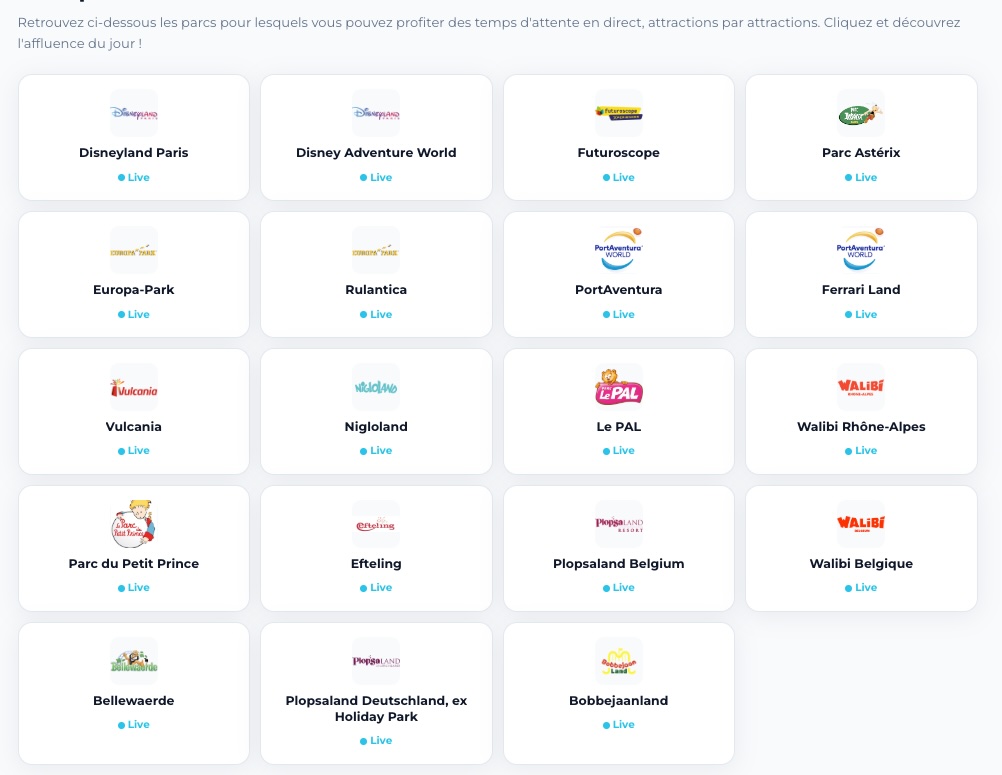 liste des parcs avec suivi du temps d'attente en direct live avec durée de queue par attraction France et europe