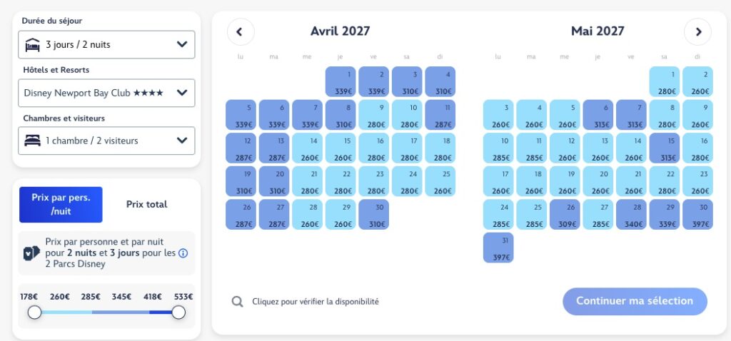calendrier prix sejour disney 2027 2028