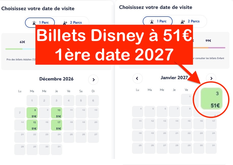 billet pas cher disneyland noel et janvier 2027